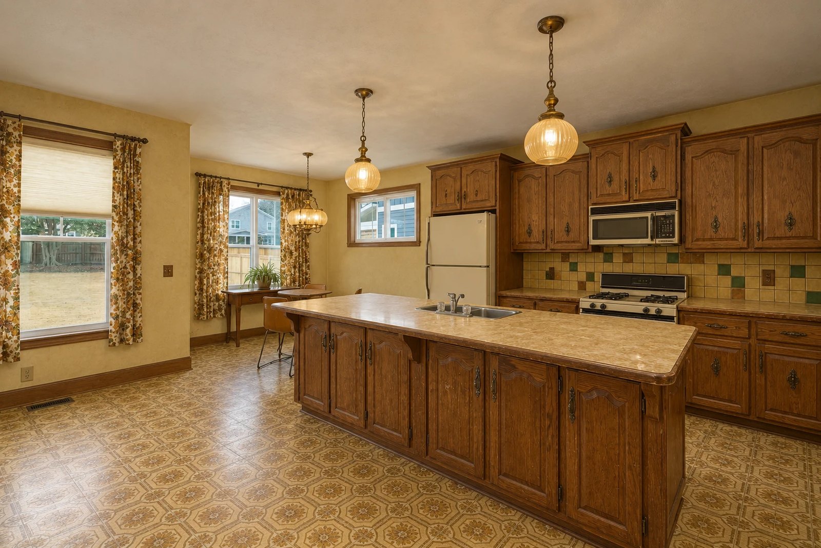 The same kitchen before, with dated oak cabinets